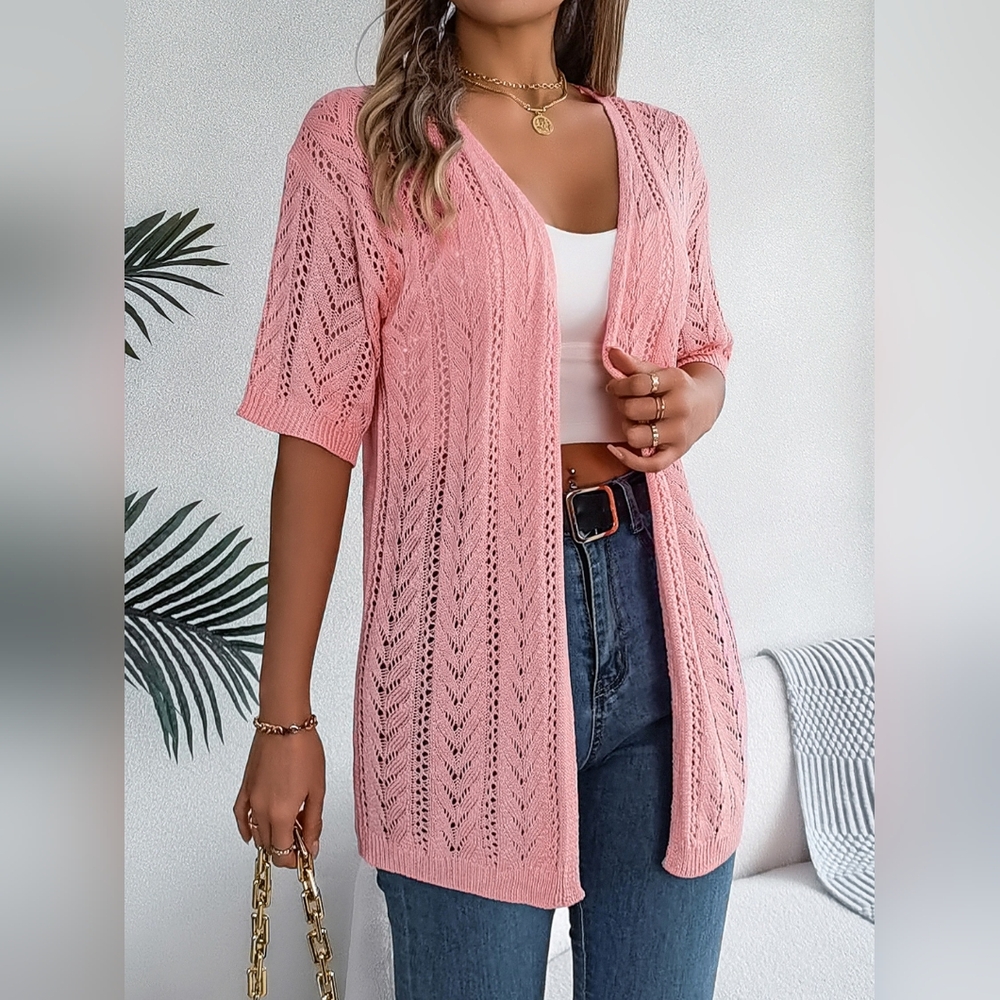 Pink Open-Front Knit Cardigan